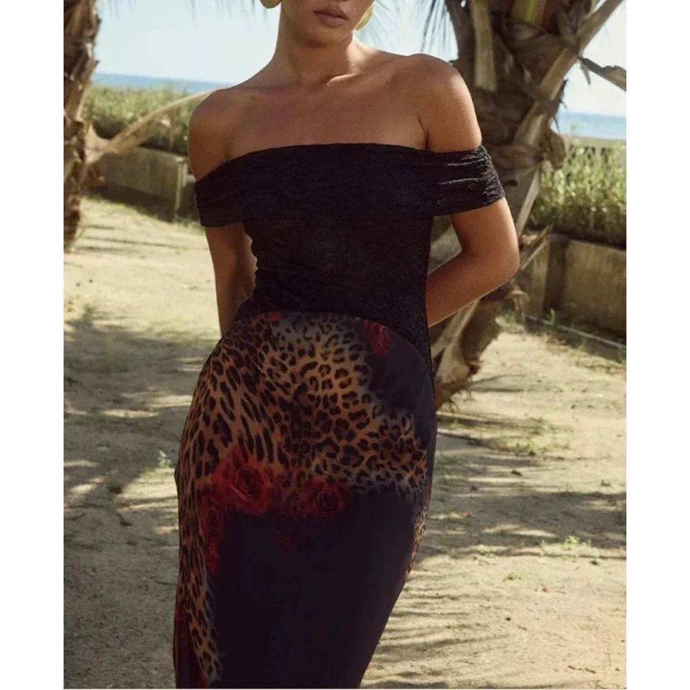 Runaway The Label Black‎ Lace Leopard Rose Off Shoulder Maxi Dress XS